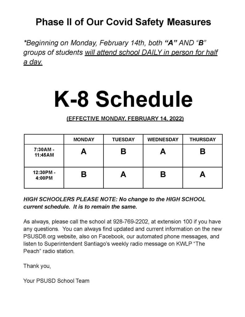 K-8 New Schedule Feb 14 2022